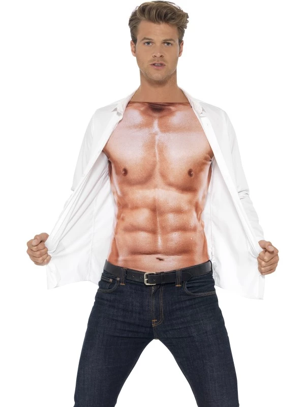 Heren Shirt Met Bloot Gespierd Bovenlijf Print 2 Heren Shirt Met Bloot Gespierd Bovenlijf Print - Afbeelding 2