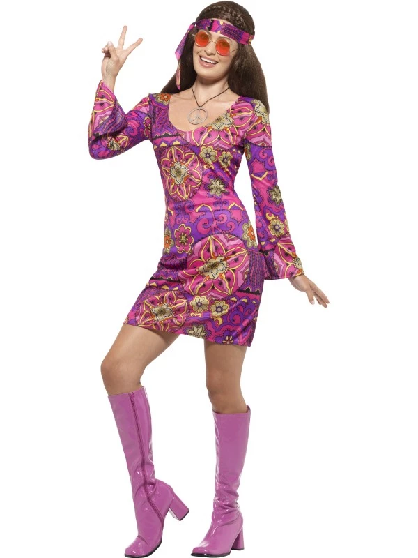 Roze Woodstock Hippie Dames Kostuum 1 Roze Woodstock Hippie Dames Kostuum