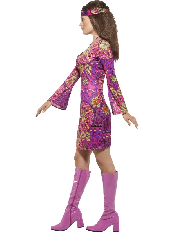 Roze Woodstock Hippie Dames Kostuum 3 Roze Woodstock Hippie Dames Kostuum - Afbeelding 3
